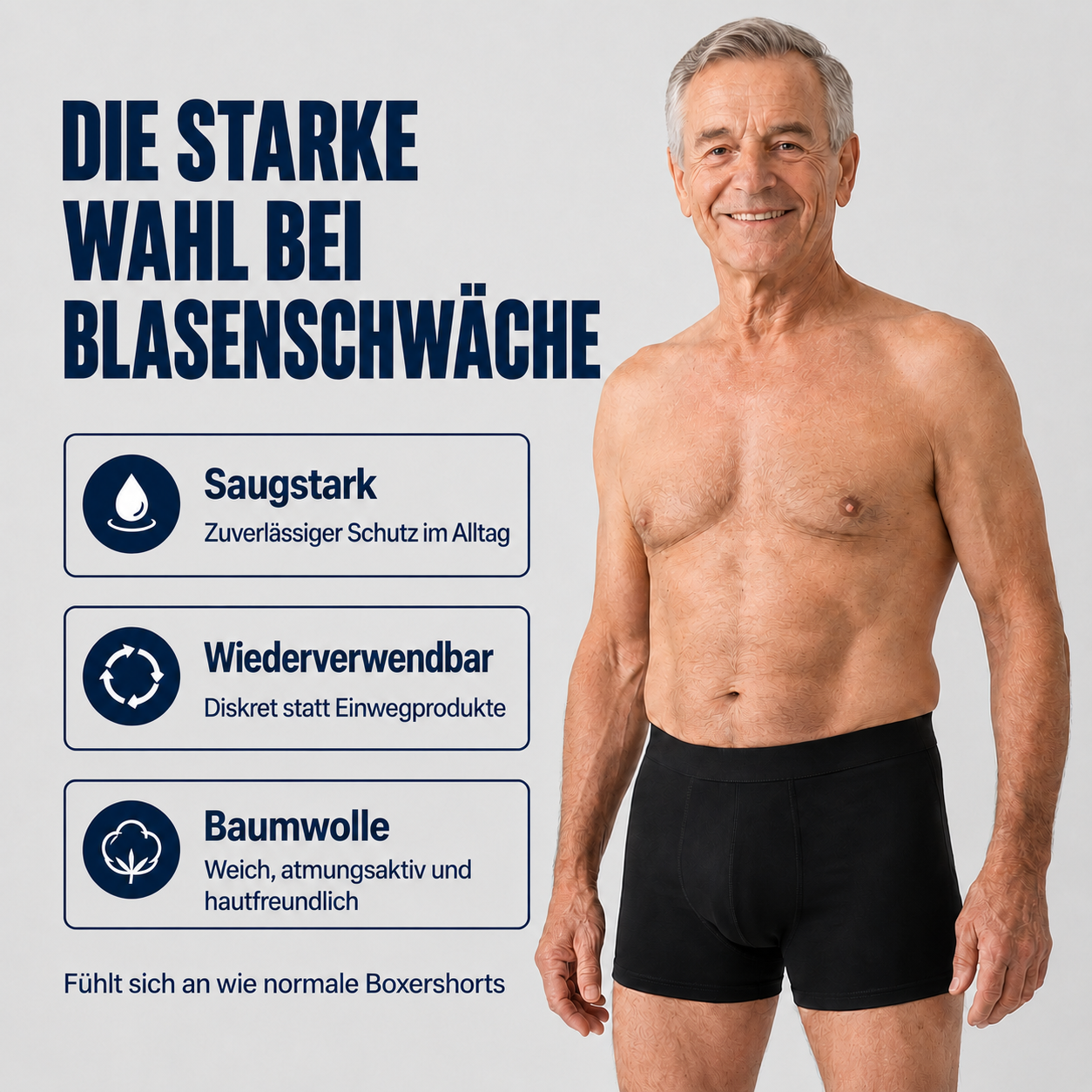 Senior trägt schwarze Inkontinenz-Boxershorts für Männer bei Blasenschwäche