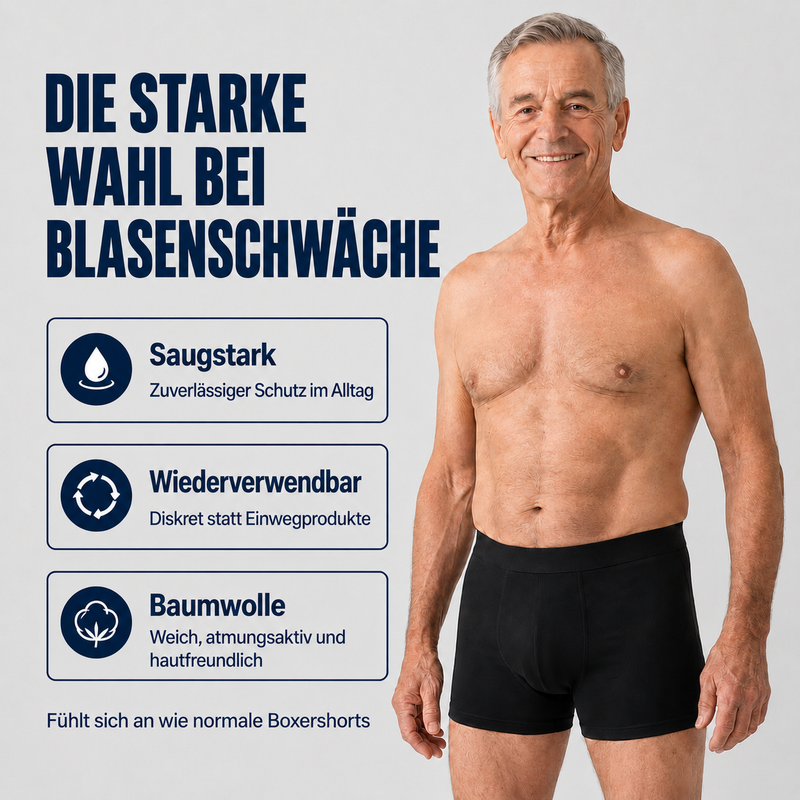 Senior trägt schwarze Inkontinenz-Boxershorts für Männer bei Blasenschwäche