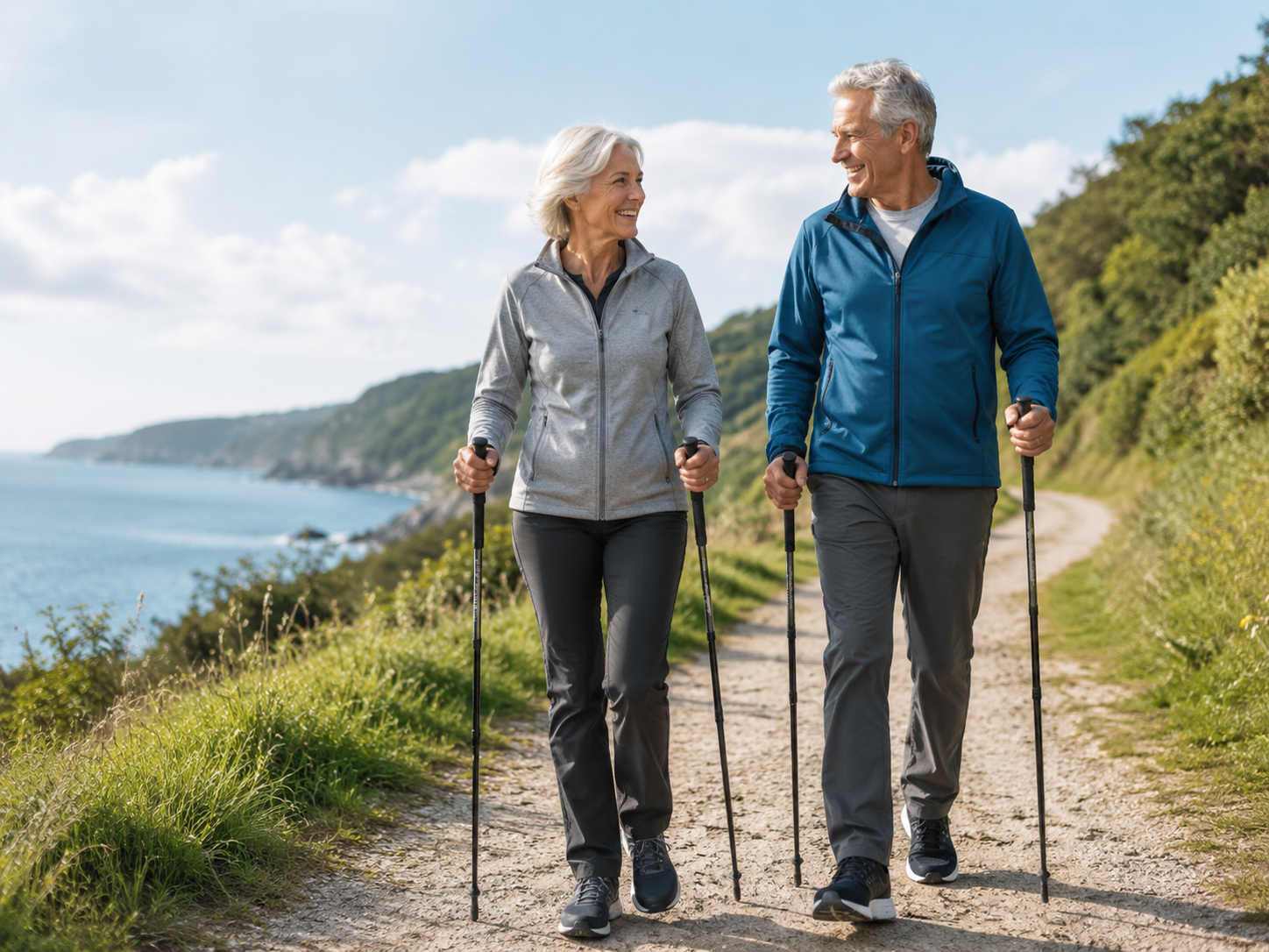 Aktives älteres Paar beim Nordic Walking an der Küste