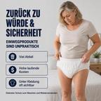 Seniorin mit weißer Einweg-Windel als Vergleich zu waschbarer Damen-Schutzunterwäsche.